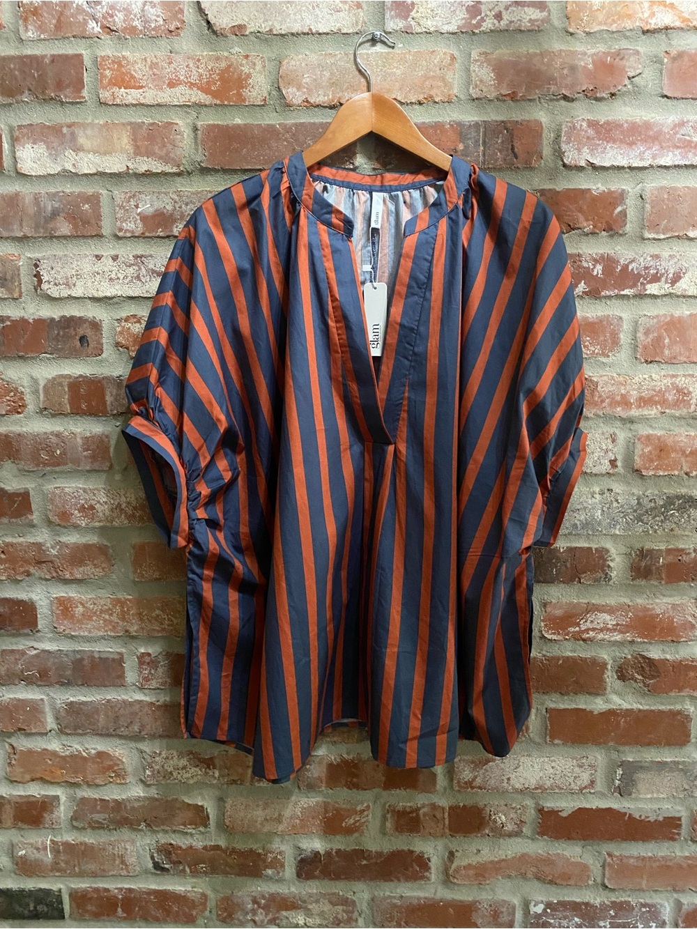glam Navy and Rust Vertical Stripe V-Neck Top